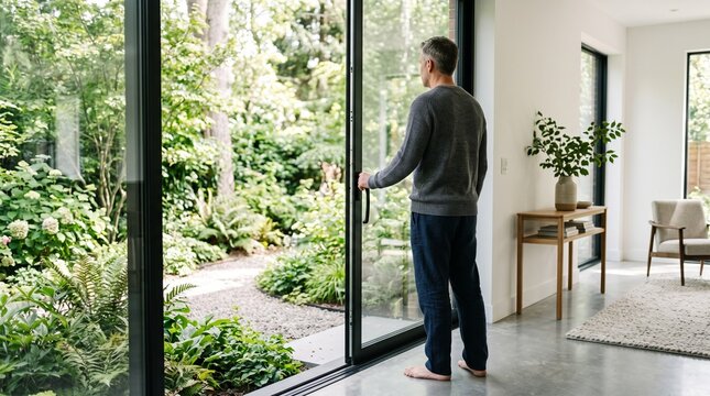 Mature man standing barefoot by open sliding glass door looking at garden