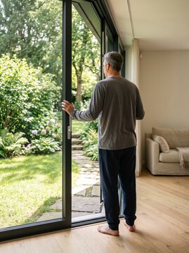 Mature man standing by open glass patio door looking at lush green garden