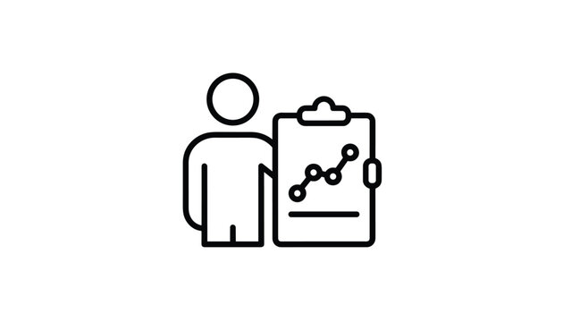 Simple black line icon of a person figure standing next to a clipboard showing an increasing statistical growth chart trend.