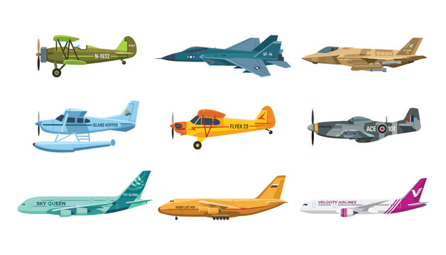 Airplane vector illustration set with military fighter jets commercial passenger airliners seaplanes and biplanes