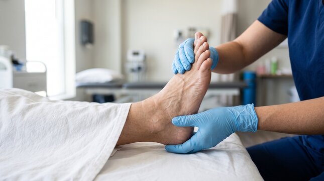 Medical professional examining patient foot in hospital room