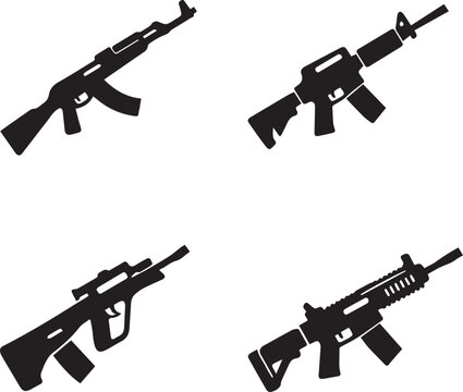 Set of four modern military assault rifle weapons depicted in a clean black and white graphic silhouette