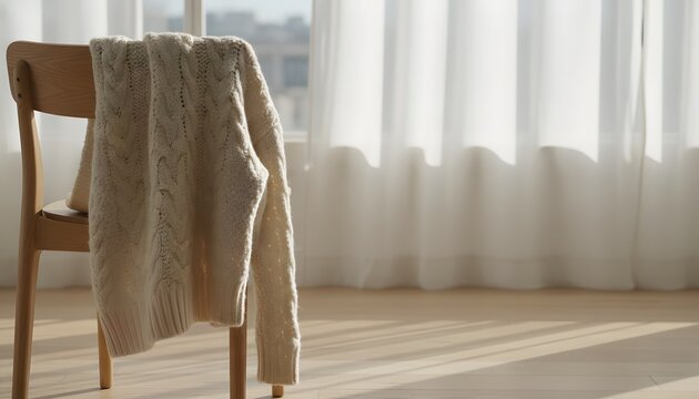 Warm knitted wool sweater drying on chair in bright sunny interior beside curtain window for peaceful domestic lifestyle and autumn comfort concept in morning light