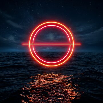 Red neon ring floating in dark water.