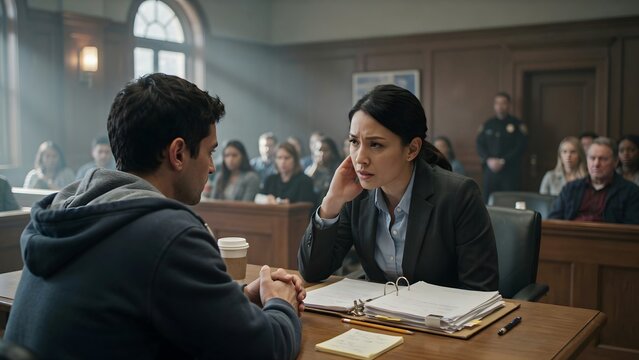 Courtroom Scene with Lawyer and Defendant Engaged in Legal Conversation