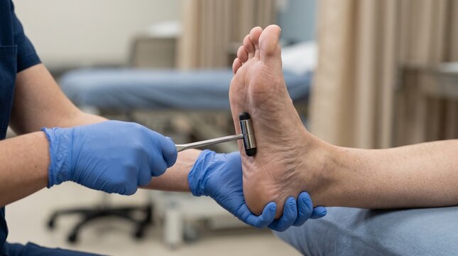 Medical professional performing a neurological reflex test on a patient foot