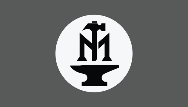 Industrial circular logo featuring a hammer, an anvil, and letter M symbols representing craftsmanship and heavy manufacturing.