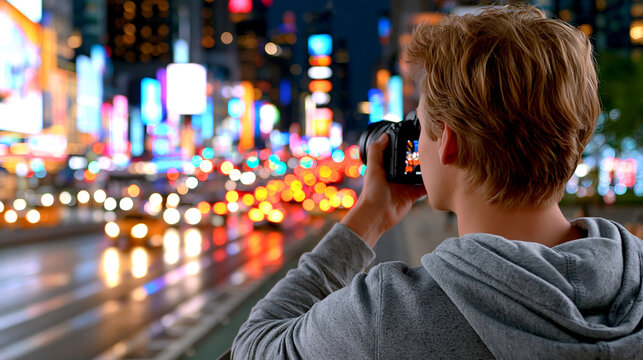 Young man taking photo with camera in city at night