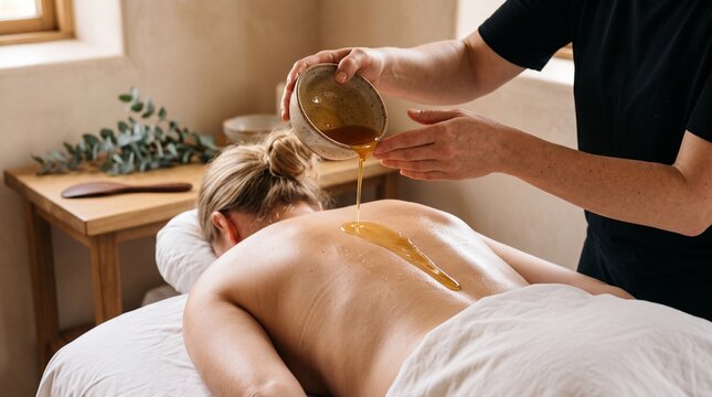 Therapist pouring warm essential oil on woman back during spa massage.