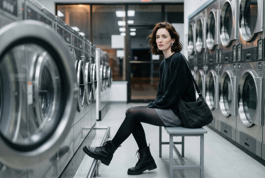 Woman Sitting on a Bench Between Laundromat Machines