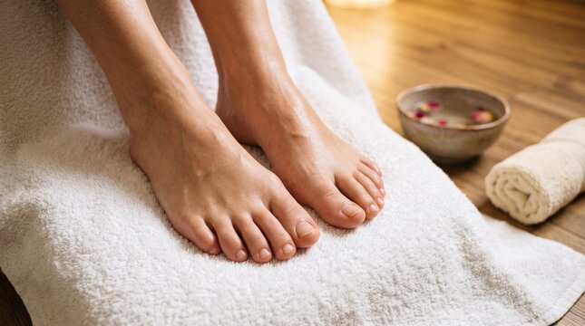 Woman resting bare feet on a white towel during a spa pedicure treatment.
