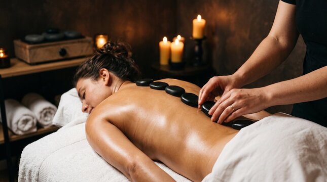 Young woman receiving relaxing hot stone massage from therapist at spa