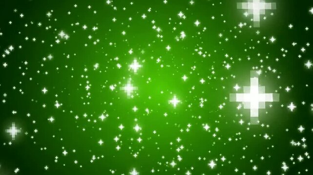 Green christmas background, with glowing sparkling, stars and bokeh, light particles sparkle