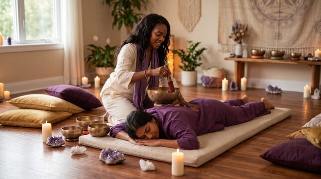 African American therapist performing singing bowl sound healing on relaxed woman.