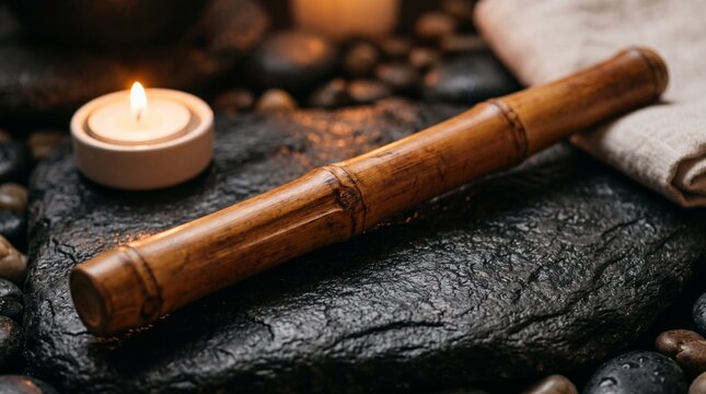 Bamboo massage stick on stone with burning candle in zen spa setting