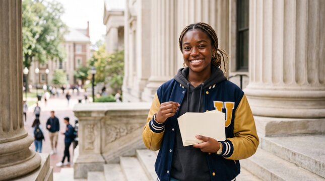 African American college student holding blank cards outside campus building