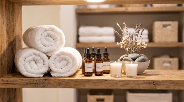 Spa essentials with rolled towels, essential oils, and candles on a wooden shelf