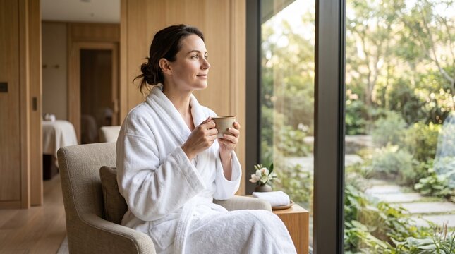 Woman wearing bathrobe sitting in armchair drinking tea near window in luxury spa.