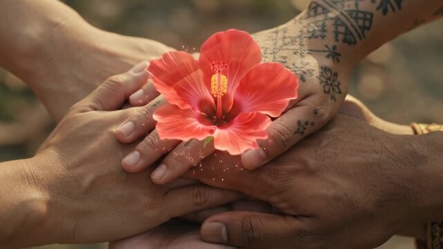 Unity hands holding glowing hibiscus flower in celebration of Malaysia Day. The vibrant red bunga raya symbolizes togetherness and cultural pride.