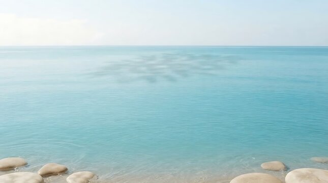 Clear turquoise ocean water with tropical leaves pattern on the sea surface background