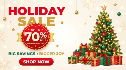 Holiday sale banner with decorated christmas tree and gift boxes offering up to 70 percent off