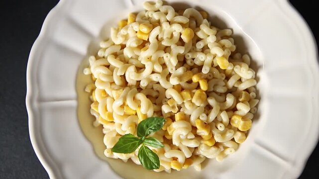 Pasta dish corn and creamy sauce small elbow macaroni small pasta shells delicious appetizer gourmet dish table setting rustic-style dishes, top view copy space vegetarian food