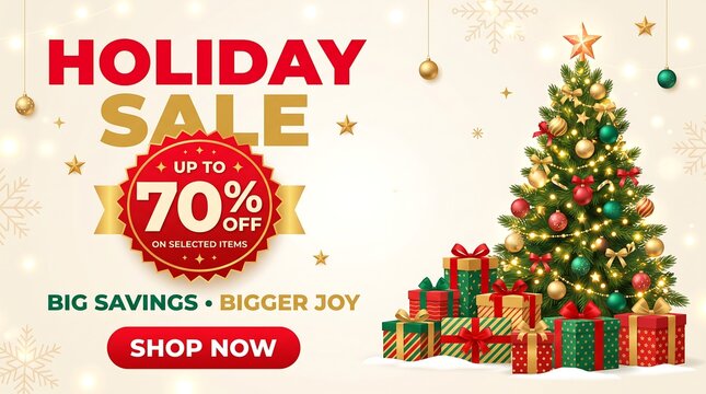 Holiday sale banner with decorated christmas tree and gift boxes offering up to 70 percent off