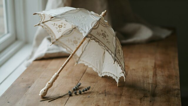 Vintage lace parasol with floral design resting on wooden floor near bed bedroom decor