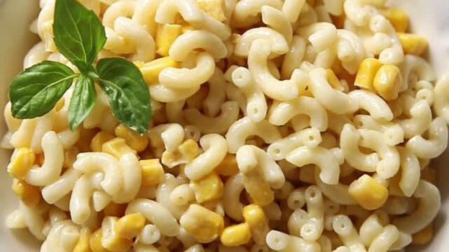 Pasta dish corn and creamy sauce small elbow macaroni small pasta shells delicious appetizer gourmet dish table setting rustic-style dishes, top view copy space vegetarian food