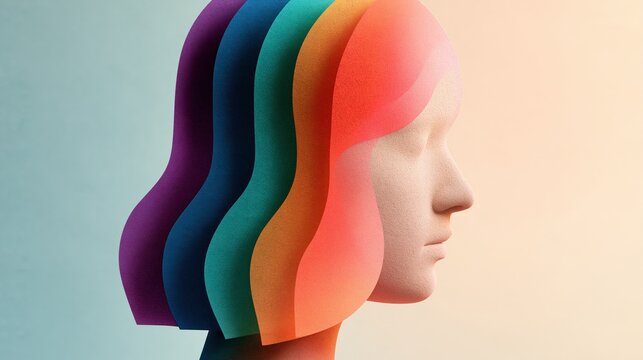 Fictional human silhouette with glowing colorful translucent layers symbolizing concealed emotion