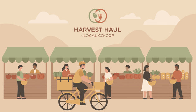 A bustling "Harvest Haul - Local Co-op" farmer's market scene with vendors, customers, and a delivery cyclist, emphasizing local food, community, and sustainable distribution.
