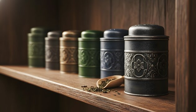 Row of metal tea canisters on vintage shelf with dried loose leaves and a wooden scoop, displaying an authentic traditional herbal pantry storage concept design