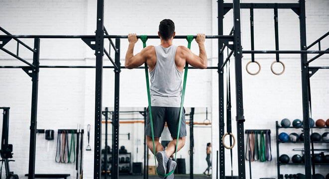 Man viewed from behind performing a pull-up assisted by a green resistance band in a gym.
