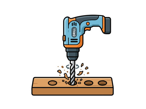 Power electric drill making hole in wood plank cartoon illustration