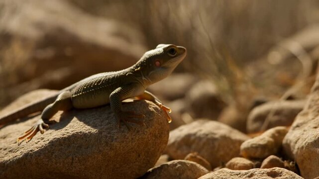 Small lizard rests on sunlit rock and slowly raises its head, holding alert posture among warm brown stones and dry vegetation in a softly blurred natural setting