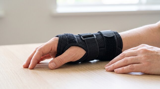 Person wearing a black wrist brace for medical support and recovery