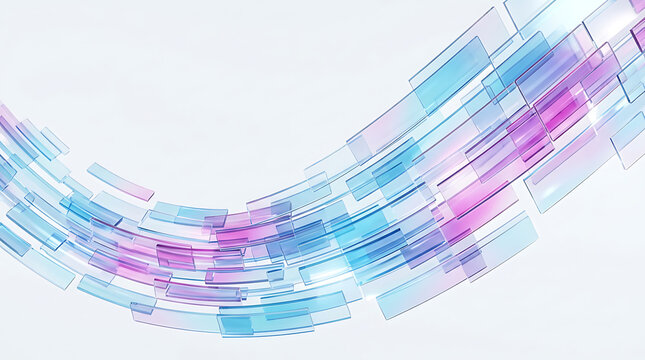 Abstract digital background with flowing blue and purple translucent geometric glass rectangles