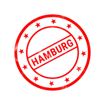 Hamburg red rubber stamp on white background, round postal stamp with stars, German city souvenir ink mark