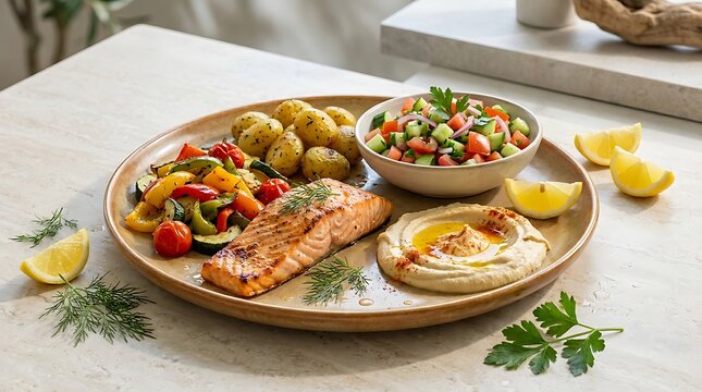 Delicious grilled salmon fillet served with fresh vegetable salad potatoes and creamy hummus on a plate. Kosher cuisine