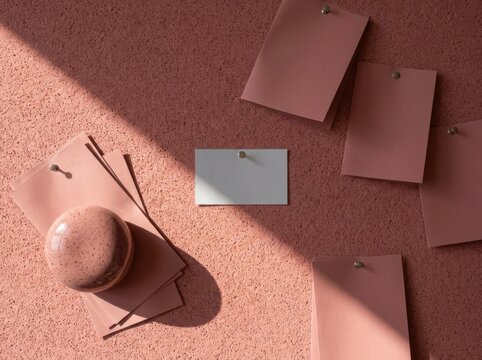 Pink memo board with pinned note cards and paperweight