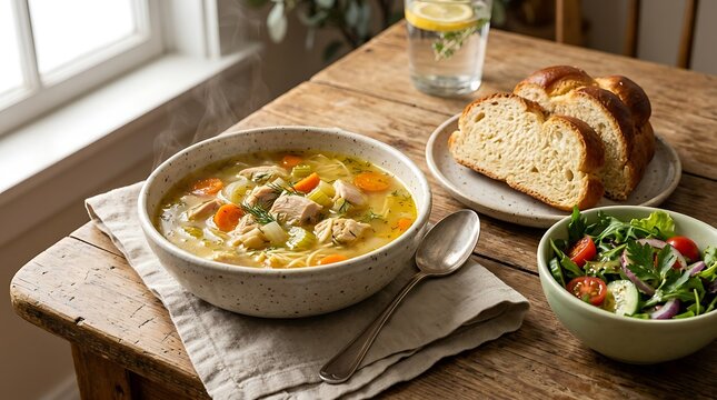 Bowl of hot chicken stew with fresh vegetables served with bread and side salad on a rustic wooden table. Kosher cuisine
