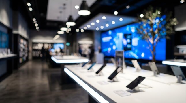 Blurred interior of a modern electronics store with smartphones on display