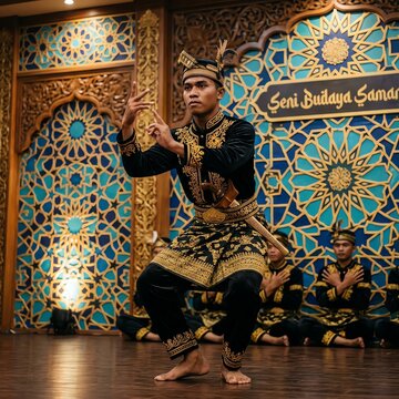A male dancer performing traditional Malay silat martial arts dance in golden black attire against an ornate blue and gold patterned backdrop