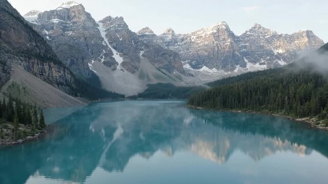 Aerial view of moraine lake and canadian rocky mountains at sunrise with morning mist banff national park