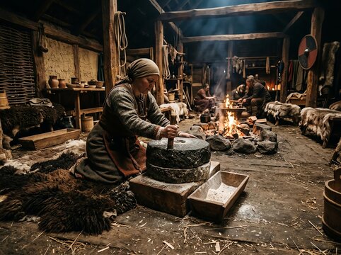 Woman grinding grain with hand stone mill inside ancient medieval viking longhouse with open fireplace and people in the background