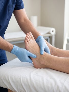 Professional podiatrist examining patient foot in clinic room
