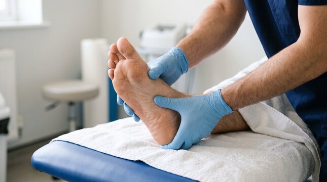 Professional podiatrist examining patient foot in medical clinic room