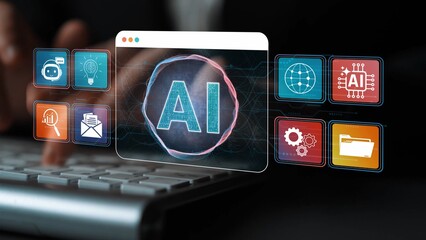 Obraz premium Futuristic Technology Concept with AI Interface Display and Digital Icons for Innovation and Data Processing in Modern Computing Environments Sigmoid