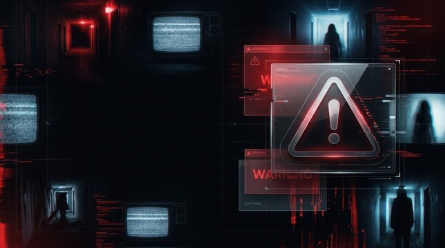 Psychological Horror Game UI Banner with Digital Glitch HUD and Distorted Corridor Background