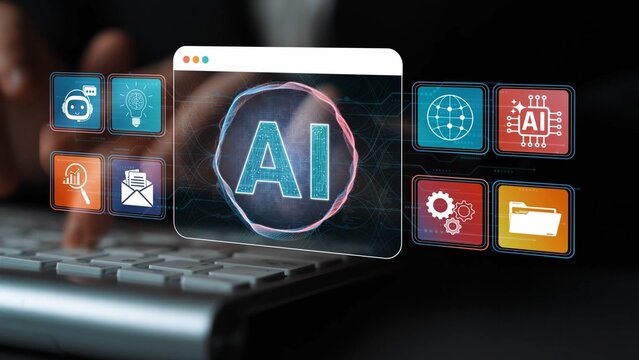 Futuristic Technology Concept with AI Interface Display and Digital Icons for Innovation and Data Processing in Modern Computing Environments Sigmoid